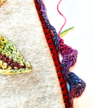 Load image into Gallery viewer, Image showing the making of a crochet trim base around a pillow cover
